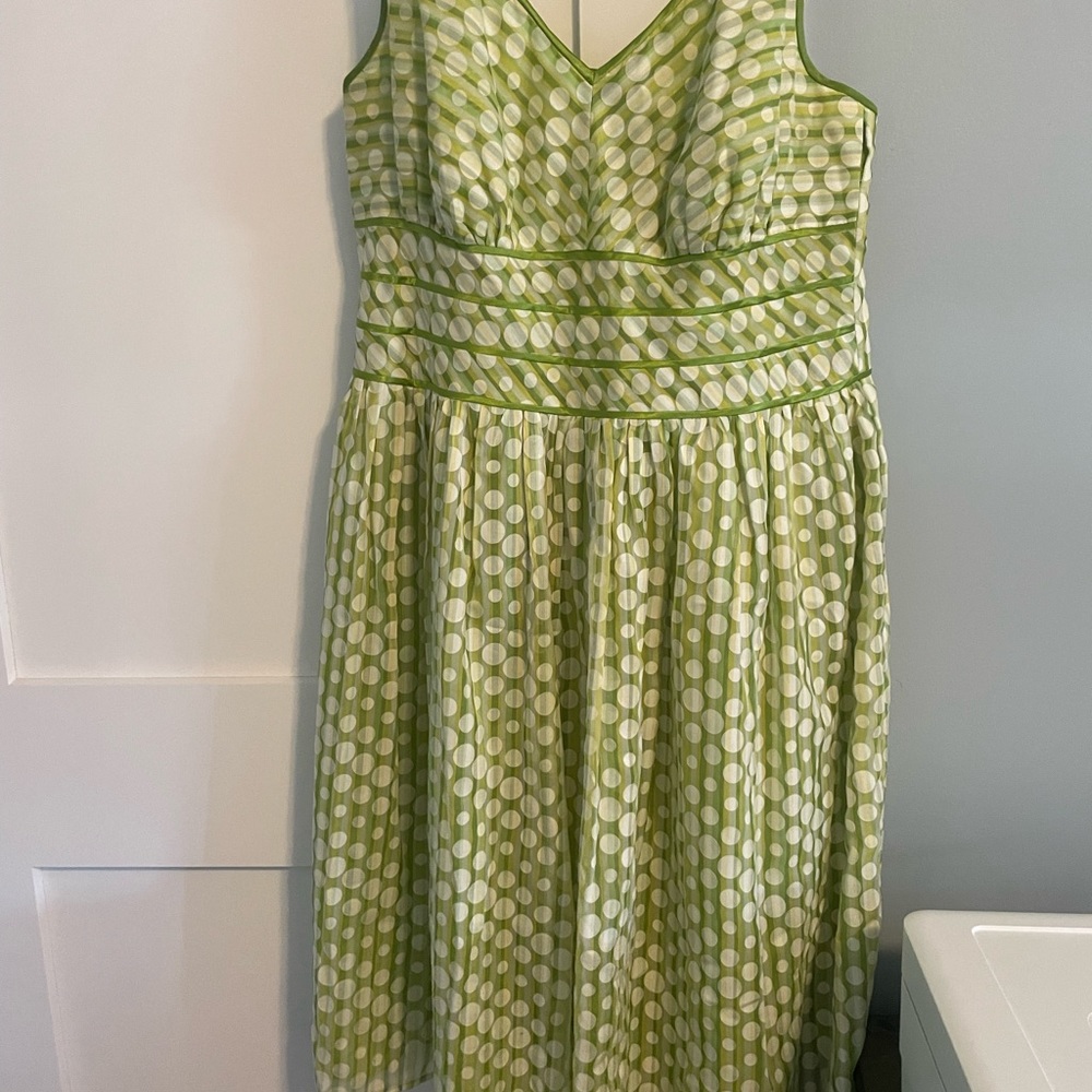 Beautiful Summer Dress-Lime Green and Yellow with White circle imprint.